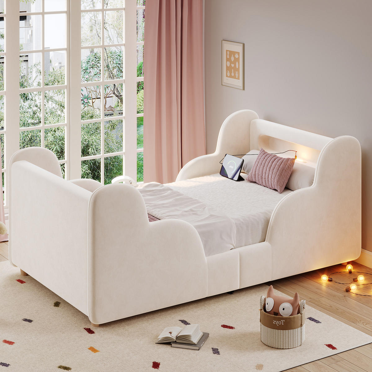 KINDERBETT Beige Samt 90x200 Schutzgeländer Massivholz - Beige, Textil (90/200cm) - FLIEKS