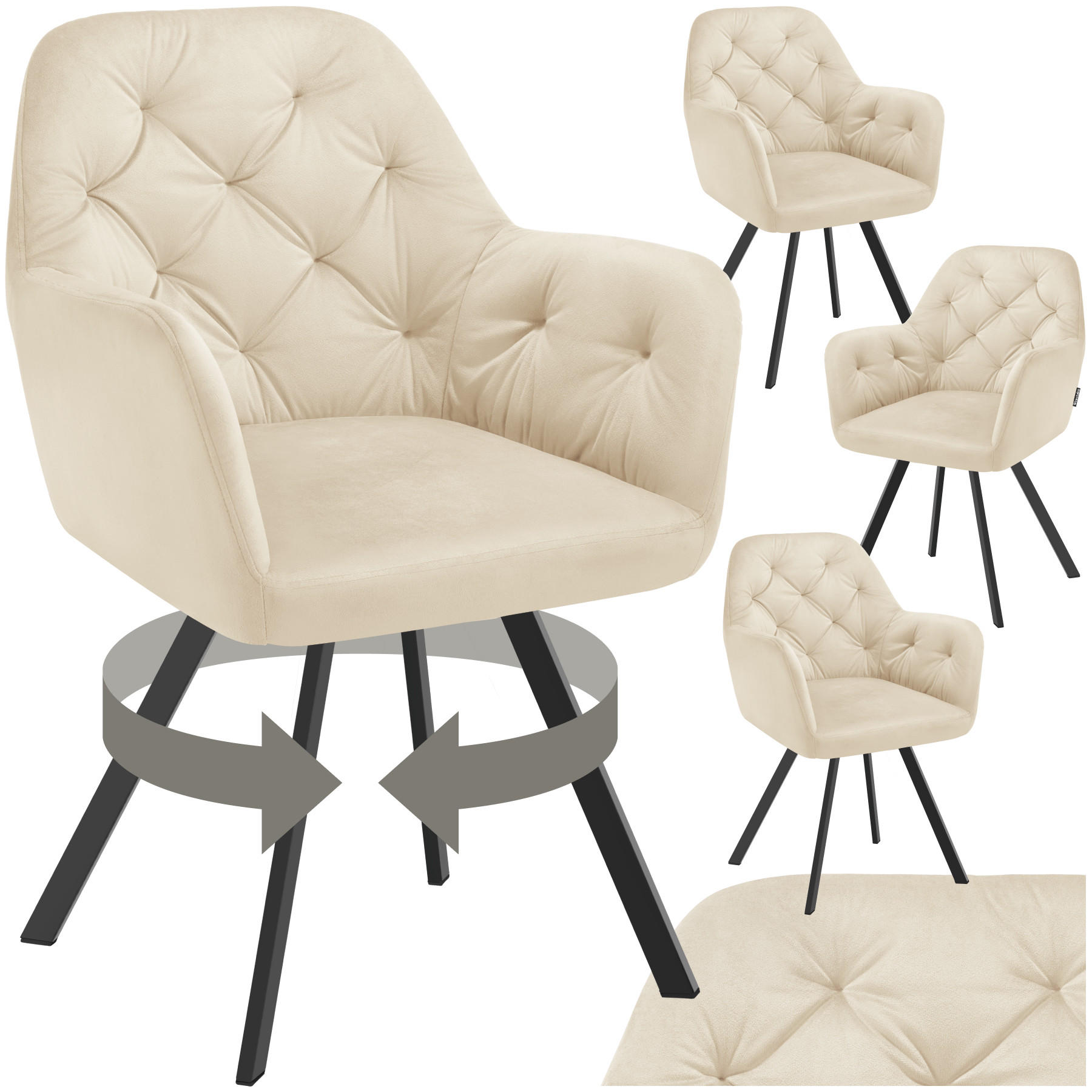 ARMLEHNSTUHL Samt Drehbarer 4er Set Lucia 58 x 58 x 87 cm creme - Creme, Kunststoff (58/87/58cm) - tectake