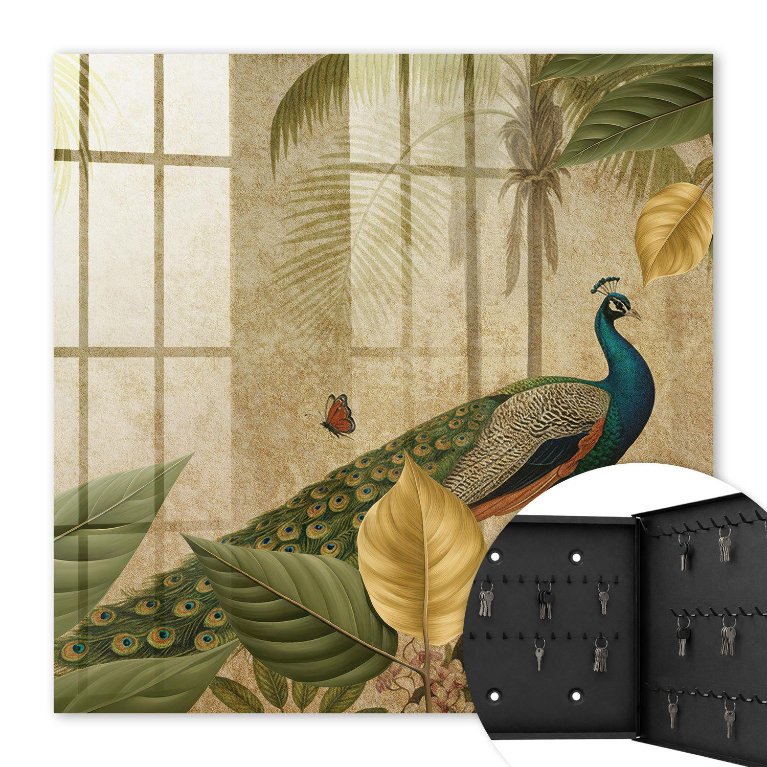 SCHLÜSSELBOX Schwarz 30x30 cm- Türöffnung nach rechts - Exotische Landschaft - Beige, Metall (30/30/5cm) - TULUP