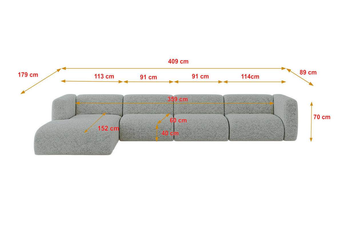 ECKSOFA Ottomane Links MIRA-L3 409x179x70 Grün Velours - Schwarz/Hellgrün, Holzwerkstoff/Kunststoff (409/179cm) - ALTDECOR