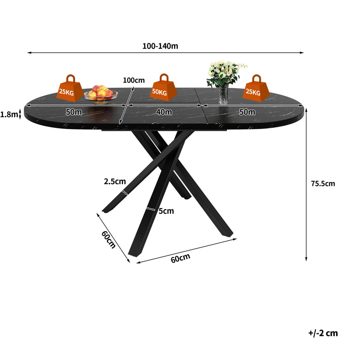 AUSZIEHTISCH 100 cm in schwarzer Marmoroptik - ausziehbar auf 140 cm - Schwarz, Holzwerkstoff (100/140/75.5cm) - BEAOK