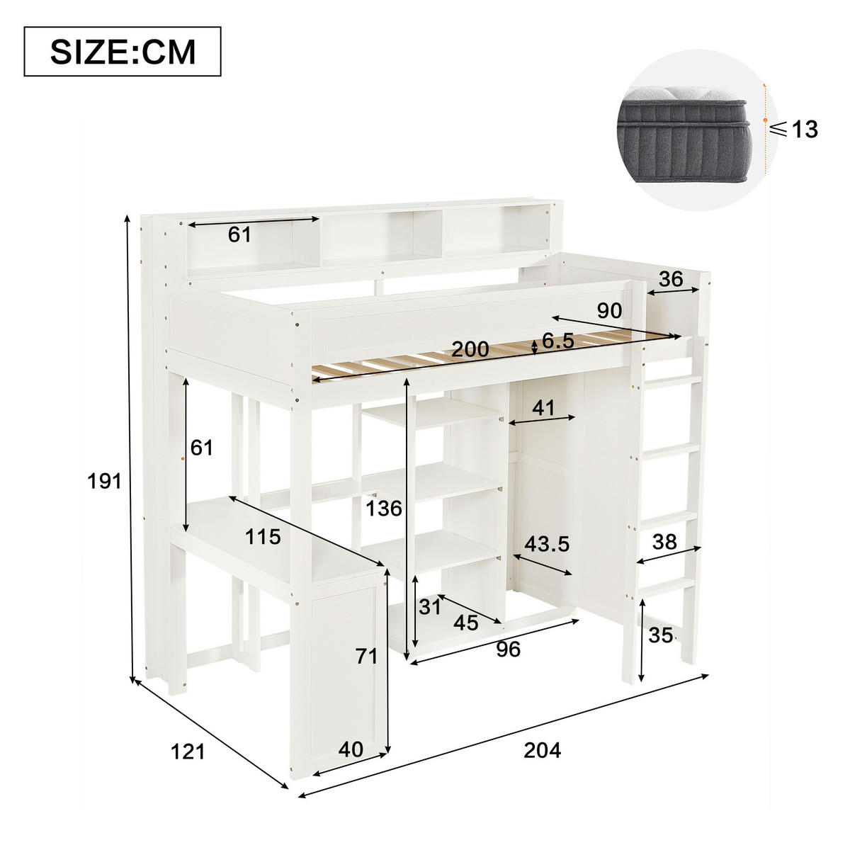 ETAGENBETT 90/200 cm aus Holz mit Tisch und Kleiderschrank, Weiß - Weiß, Holz (90/200cm) - OKMYHOME