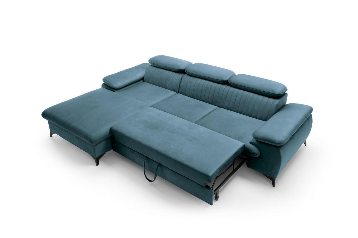 ECKSOFA FIORE Blau Velours-Stoff mit Schlaffunktion - Blau, Holz (280/193cm) - MASSENO
