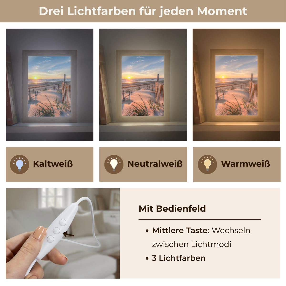 TISCHLEUCHTE Strand - Meer - Düne - Sonnenuntergang - Landschaft 15x20 cm - Creme, Holzwerkstoff (8/15/20cm) - OnlyWow