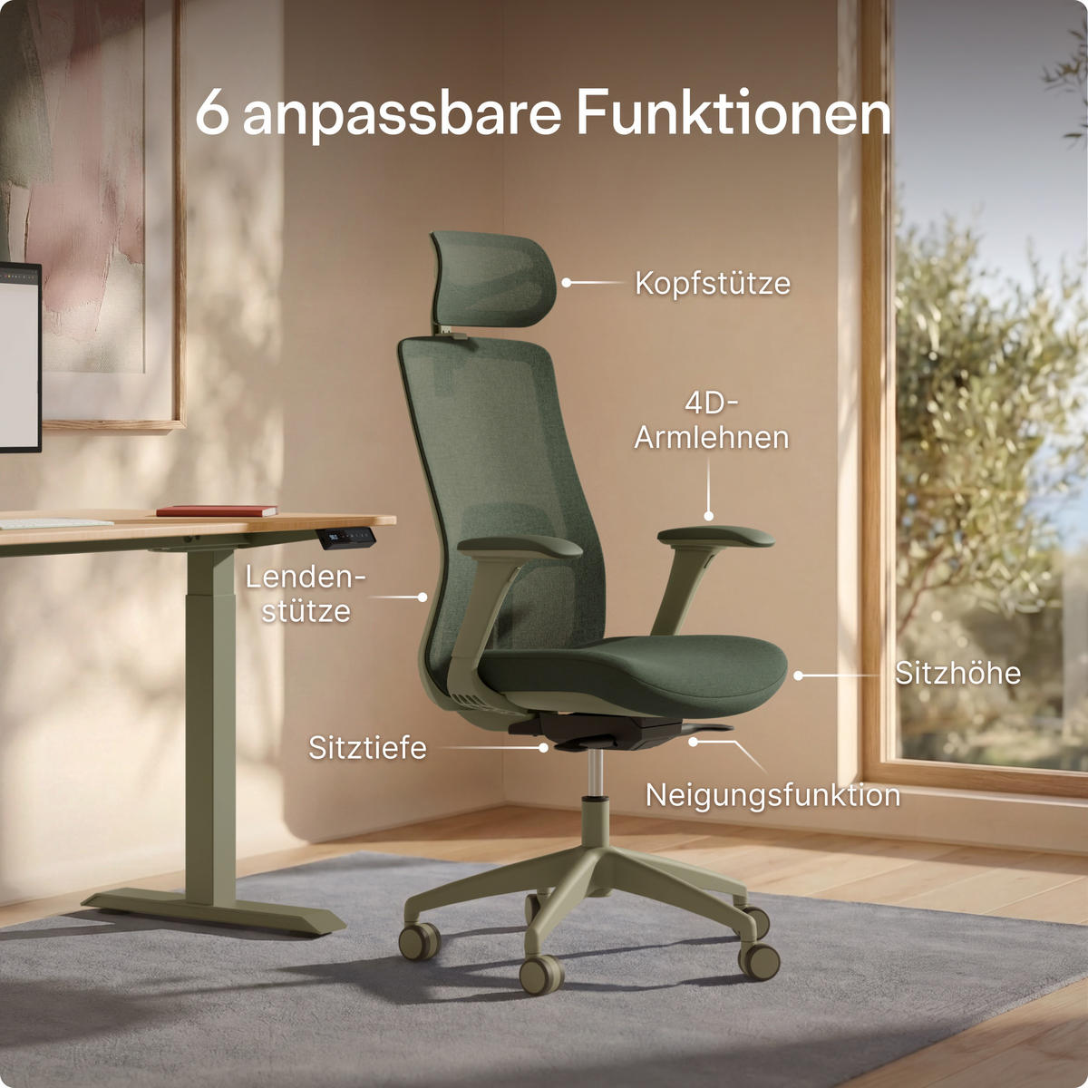 BÜROSTUHL Verstellbarer Ergonomischer SitOne Grün 4-Dimensional Armlehne, Integrierte 4-Wege-Lendenwirbelstütze - Grün, Kunststoff (60/125/68cm) - Desktronic
