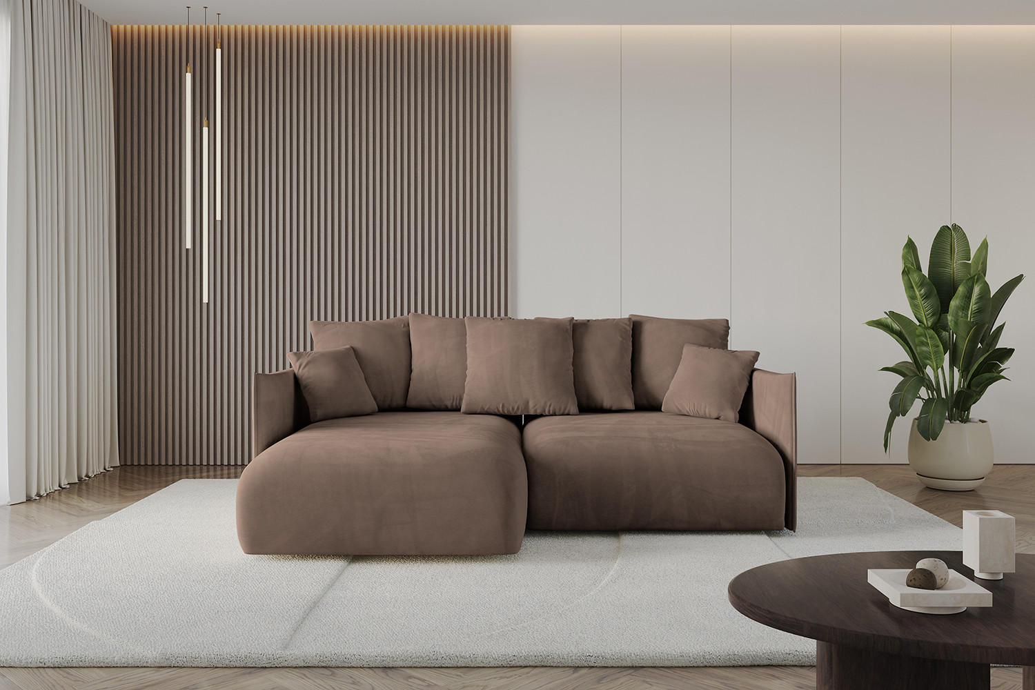ECKSOFA mit Schlaffunktion und Bettkasten ONESK-L 208x165x40 Braun Velours - Braun, Holzwerkstoff/Kunststoff (208/165cm) - ALTDECOR