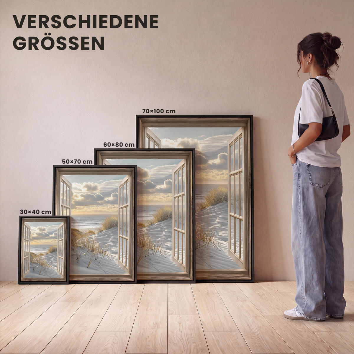 LEINWAND Bilder mit Rahmen - Ausblick - Strand - Dünen - Meer - Natur - 60x80 - Sandfarben, Textil (60/80cm) - MuchoWow