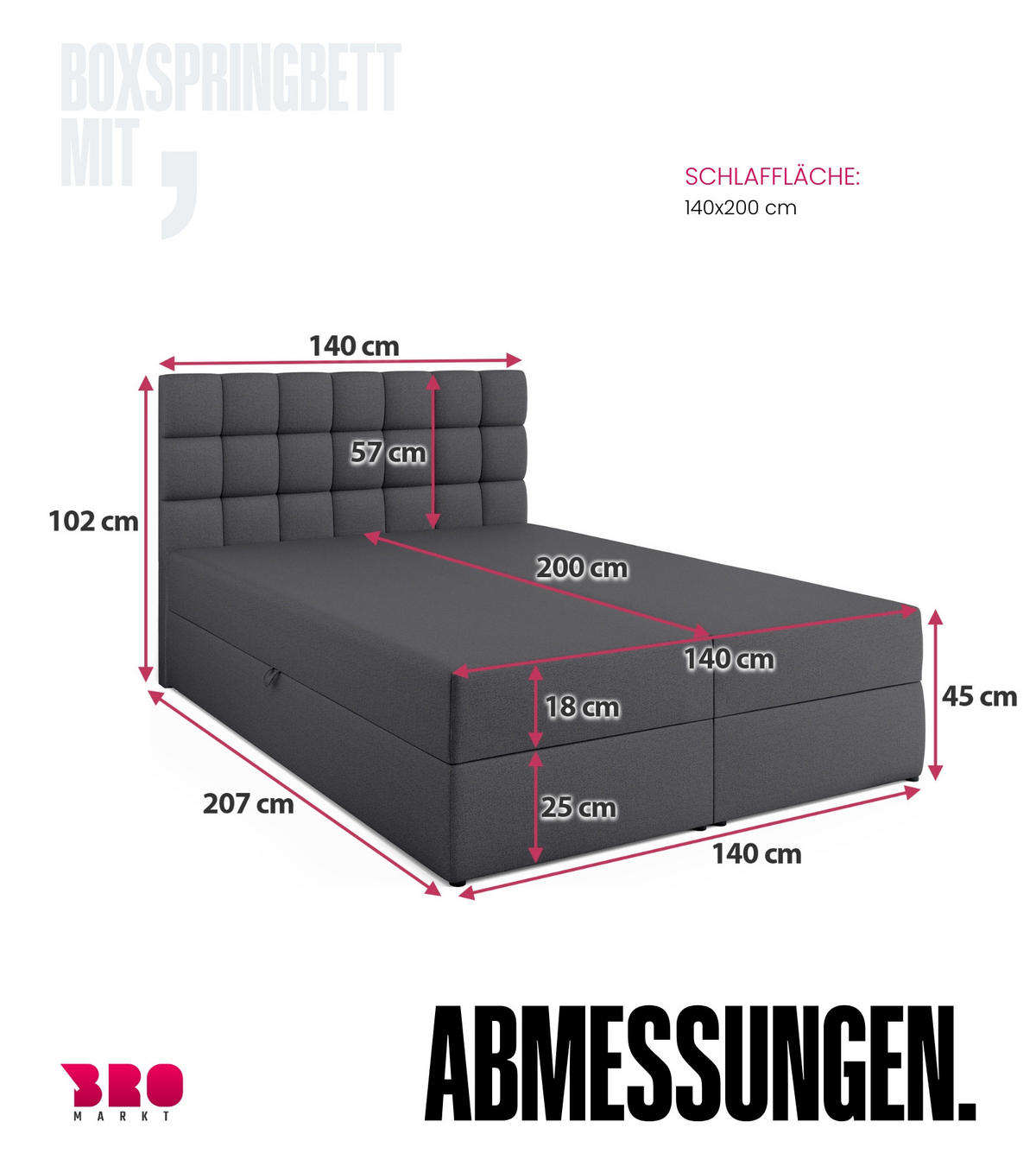 BOXBETT Dakota mit Topper 140/200 Dunkelgrau - Dunkelgrau, Textil (140/200cm) - Bromarkt