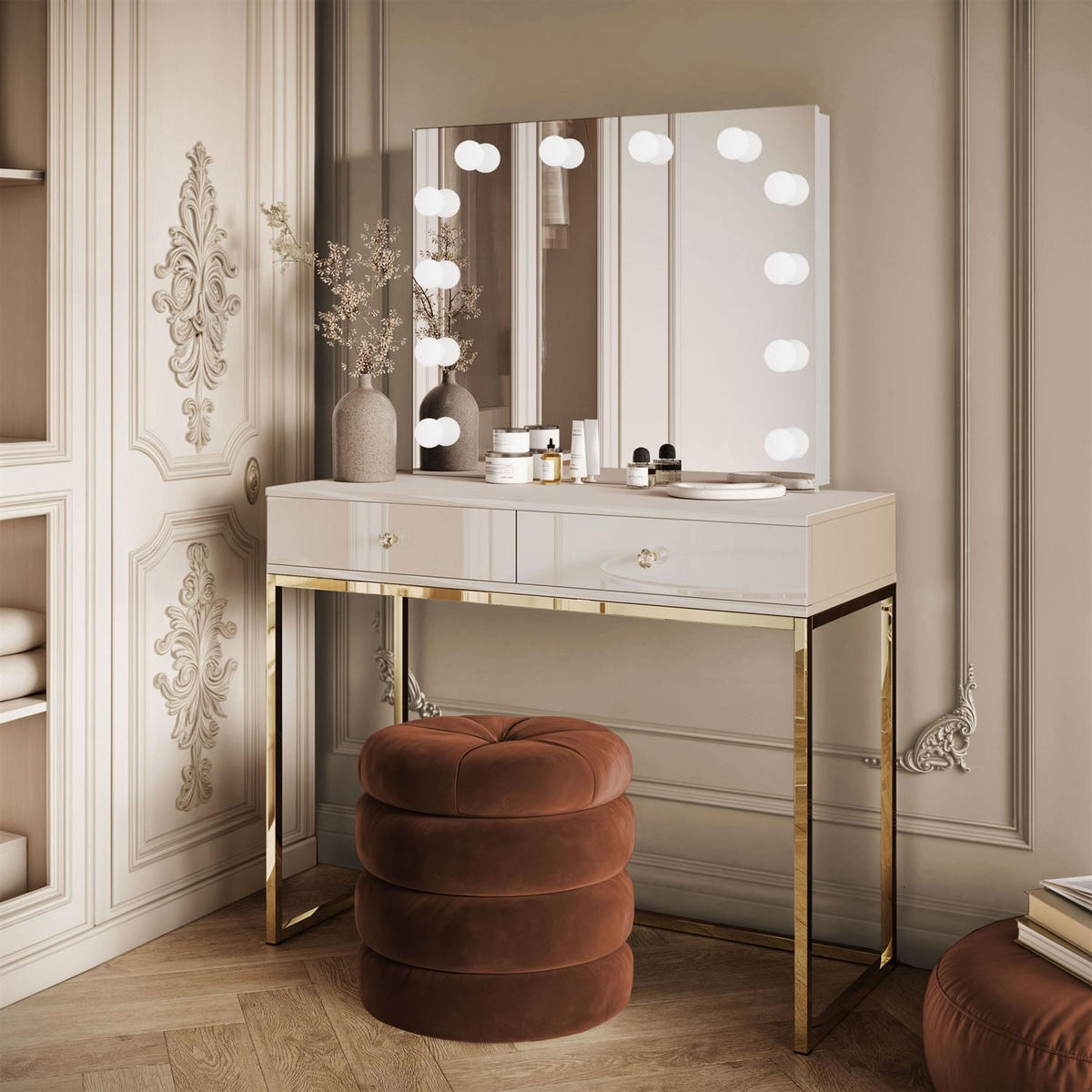 SCHMINKTISCH BLANCO KASCHMIR ELITE mit Spiegel und Beleuchtung goldener Chrom Kristallgriff - Beige, Holzwerkstoff (100/81/42cm) - Lookway