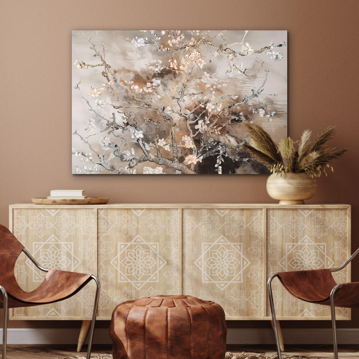 METALLBILD Mandelblüte - Kunst - Van Gogh - Beige - Abstrakt 90x60 cm - Braun, Metall (90/60cm) - MuchoWow