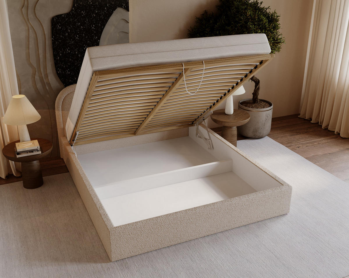 DOPPELBETT 140x200 Dune mit Bettkasten, runde Kopfteil, Bouclé, Beige - Beige, Holz/Textil (140/200cm) - Emporius