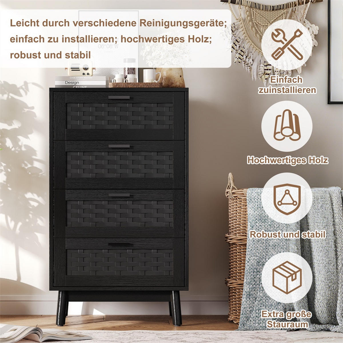 KOMMODE mit 4 Schubladen - pflegeleichtes PVC-Geflecht und zylindrische Beine - Schwarz - Schwarz, Holzwerkstoff (39.8/95/55cm) - DELFA