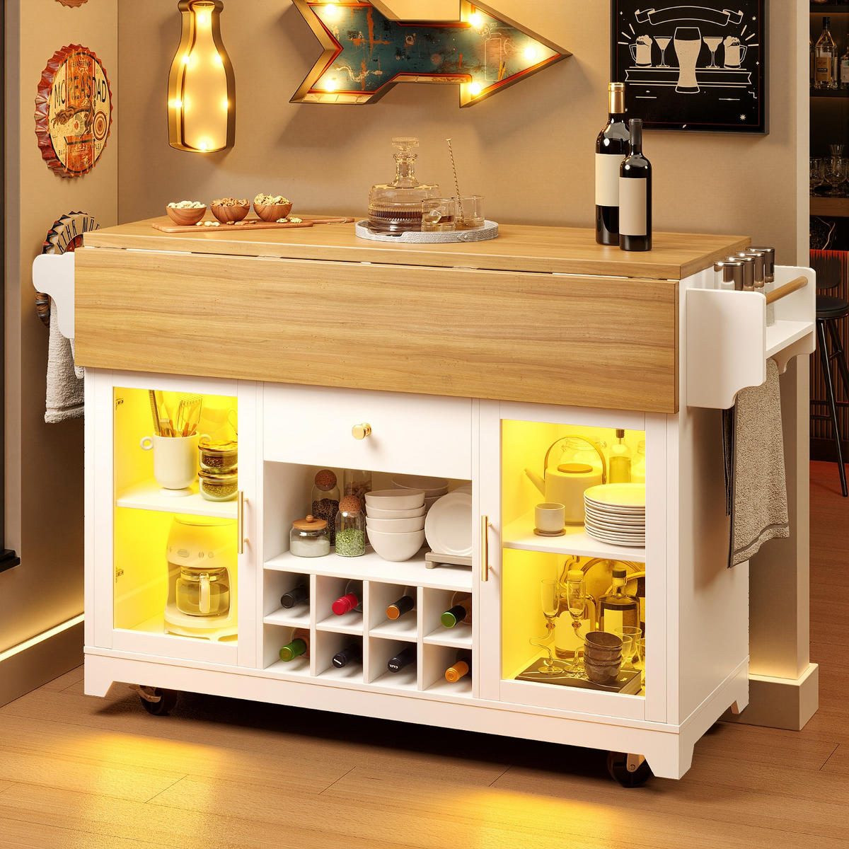 KÜCHENINSEL Mit RGB LED Beleuchtung, Auf Rollen Küche, 120/80/95 cm - Weiß, Holzwerkstoff (80/95/120cm) - Rolipo