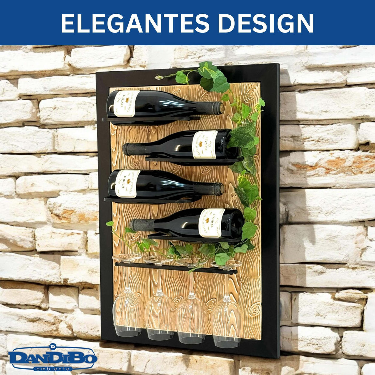 WEINREGAL Wand mit Glashalter Metall Schwarz 50/12/70 cm - Schwarz, Metall (50/70/12cm) - DanDiBo