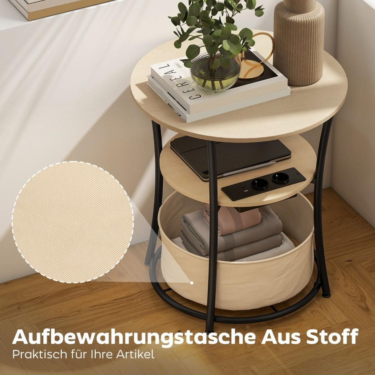 BEISTELLTISCH 50/50/55,1 cm Naturholz aus Holz und Metall mit Steckdosenleiste - Naturfarben, Holz (50/50/55.1cm) - OKWISH