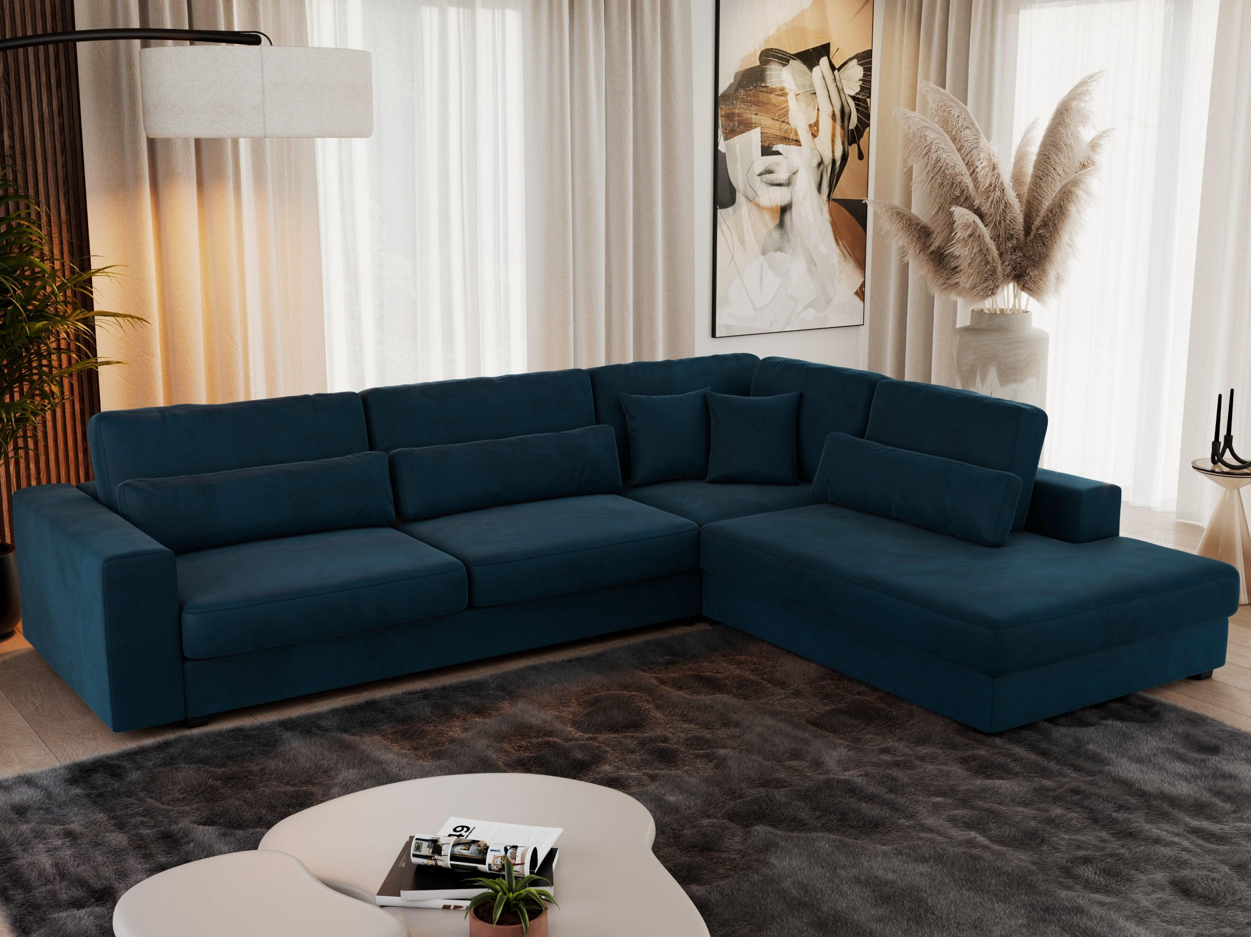 ECKSOFA Savona Dunkelblau Velvet - rechts - Schwarz/Dunkelblau, Kunststoff/Textil (249/316cm) - MKS
