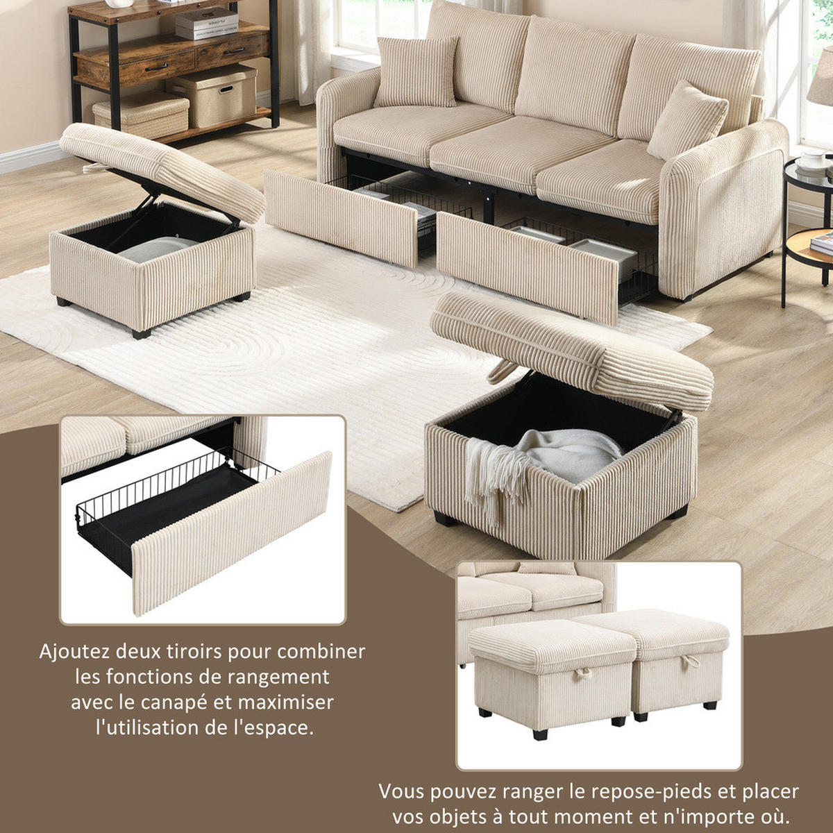 ECKSET U-Form 3-Sitzer Cord Modular Mit Schlaffunktion - Beige, Holz (88/34/57cm) - FLIEKS