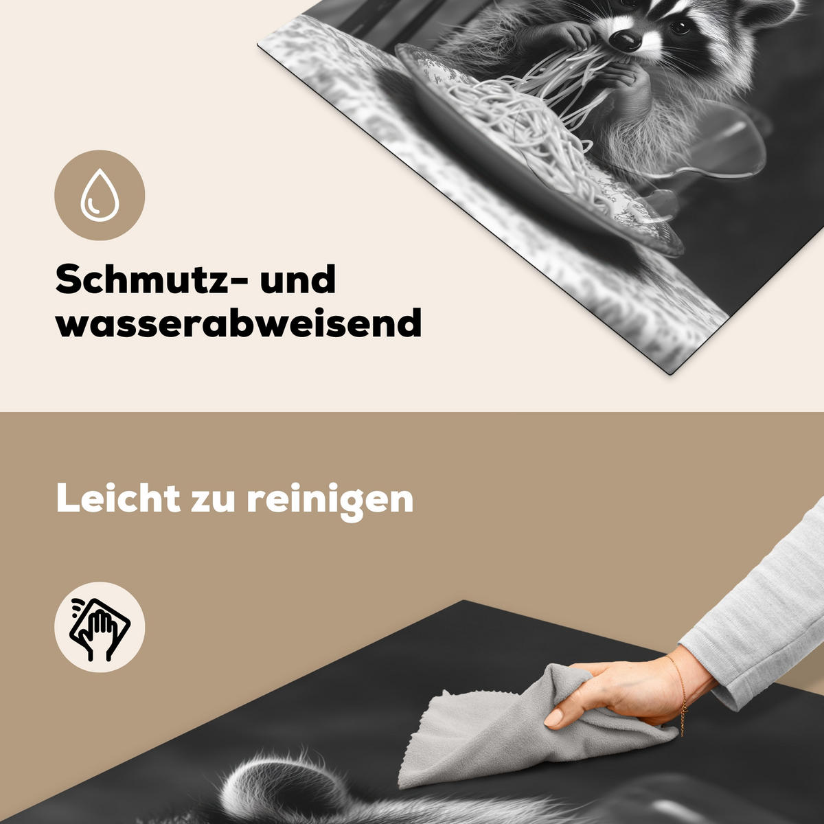 HERDABDECKPLATTE Waschbär - Niedlich - Pasta - Tischtuch - Schwarz - Weiß Induktionsmatte 77x59 cm - Grau, Kunststoff (77/59/0.2cm) - MuchoWow