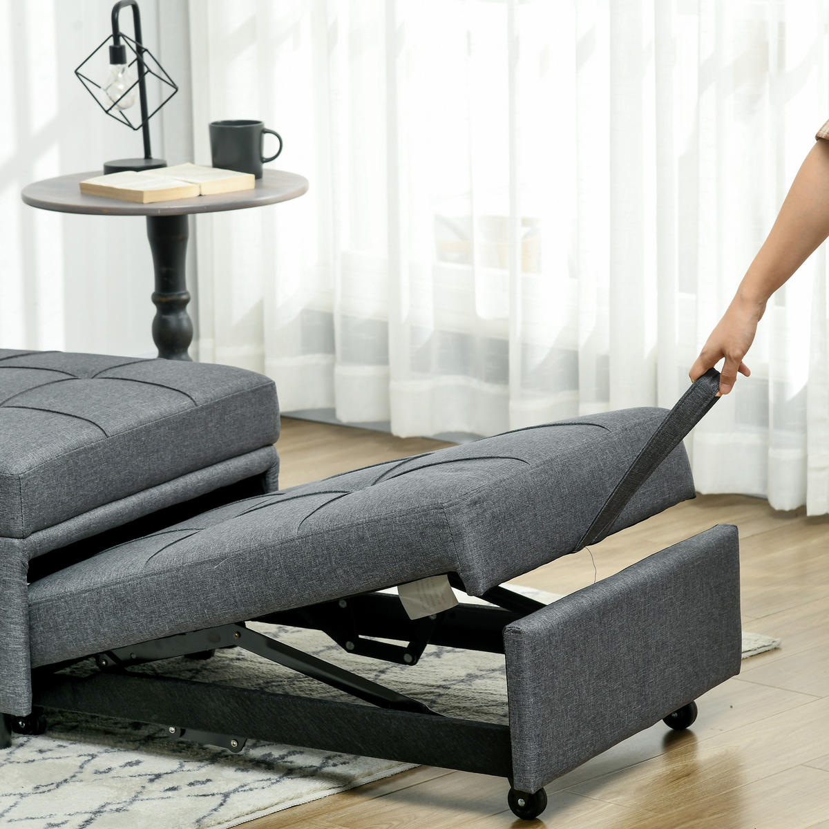 SCHLAFSESSEL 3 in 1 Bettsessel mit Seitentasche Gästebett mit Kissen Leinenoptik - Grau, Holz (104/81/65.5cm) - HOMCOM