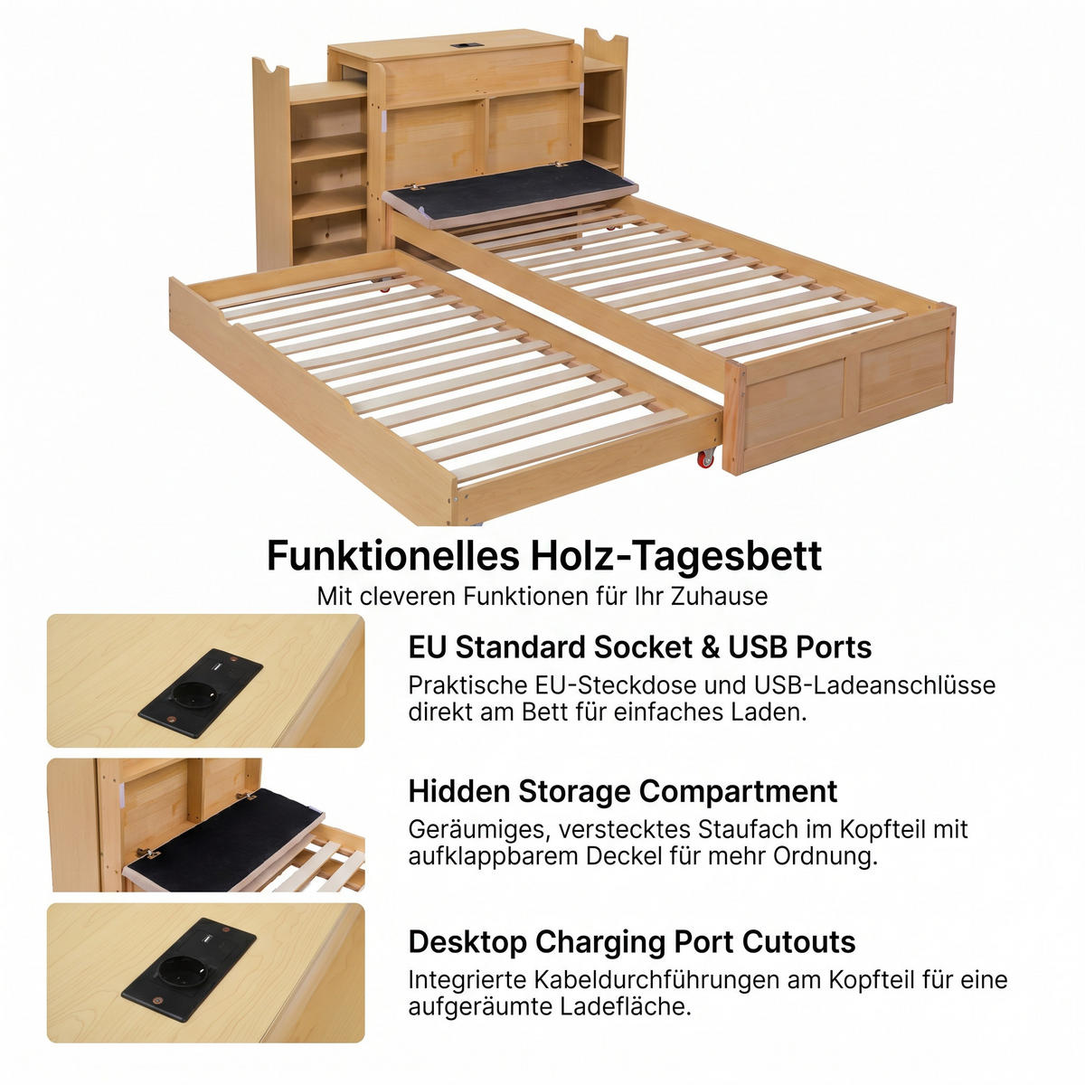 BETT mit Ausziehbett 90x200 cm Holzwerkstoff Natur - Braun, Holz (90/200cm) - Meubliv