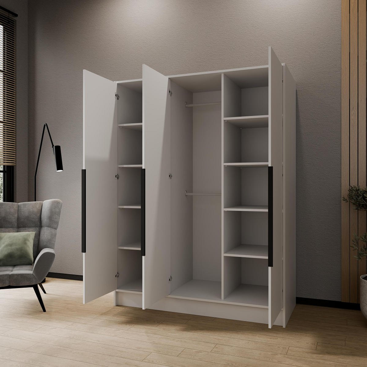 DREHTÜRENSCHRANK Pavia ohne Spiegel, Weiß mit mit schwarzen Griffen, 150 cm - Weiß, Holzwerkstoff (150/200/51cm) - Beautysofa