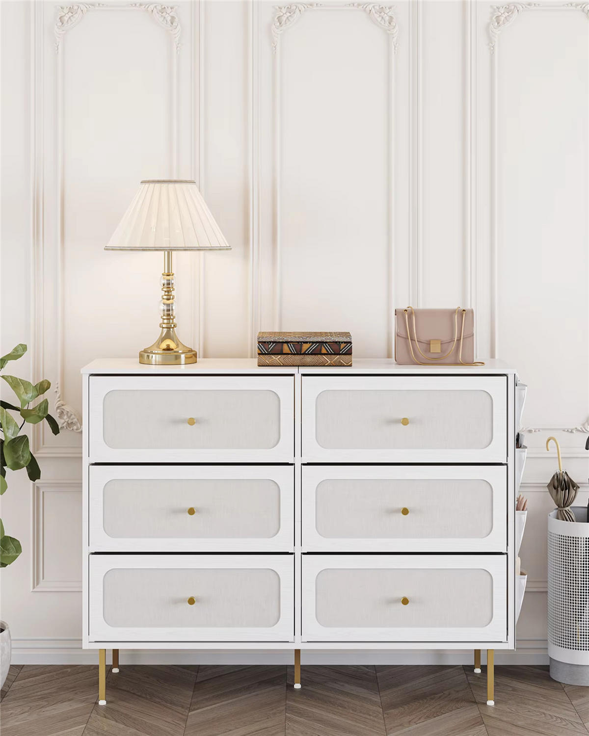 KOMMODE 6 Stoffschubladen Sideboard Metallrahmen 110/98/30 cm, Weiß - Weiß, Textil (110/98/30cm) - Coonoor