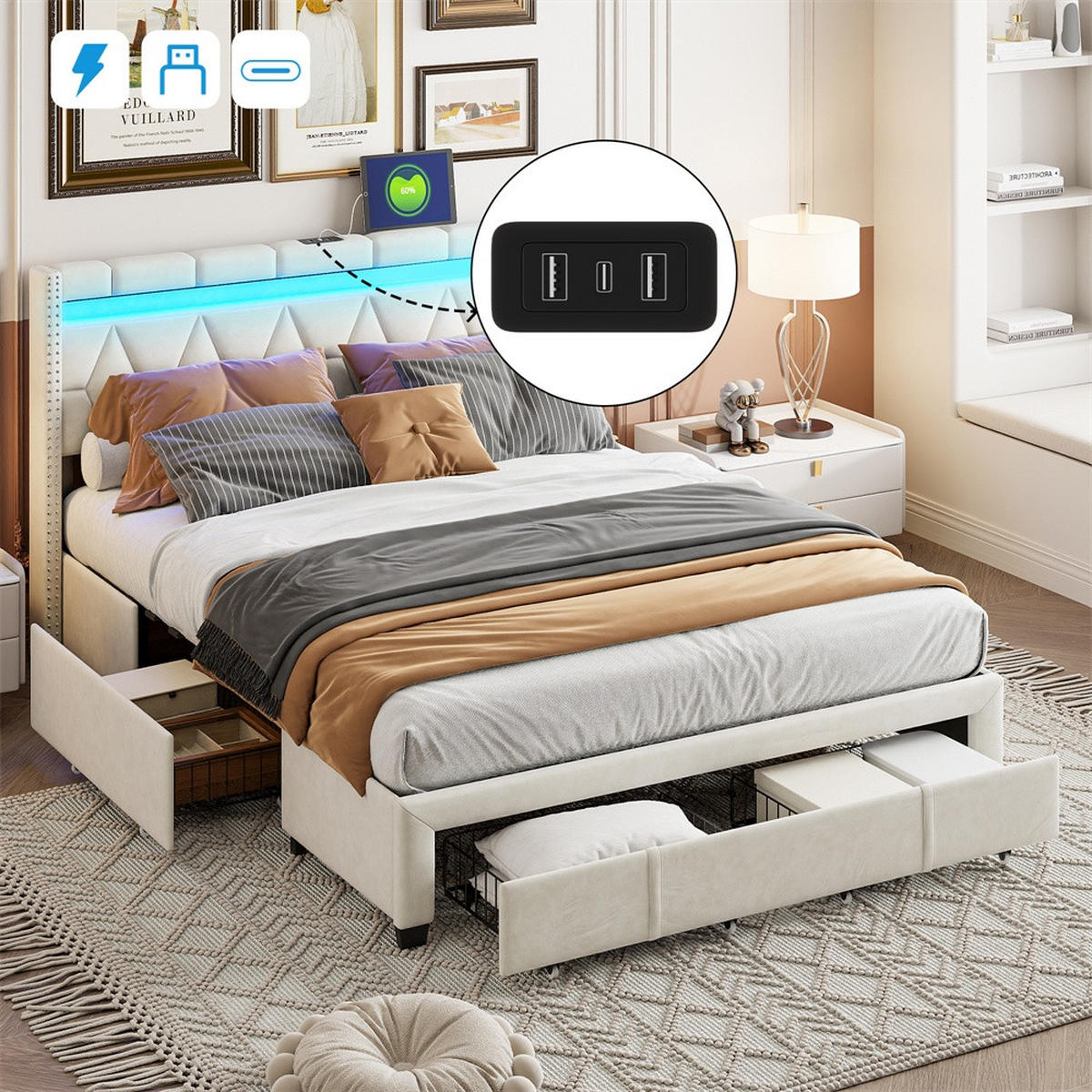 POLSTERBETT 160x200 cm - mit LED-Kopfteil, USB-Ladefunktion und 4 Schubladen - ohne Matratze - Beige - Beige, Textil (160/200cm) - DELFA