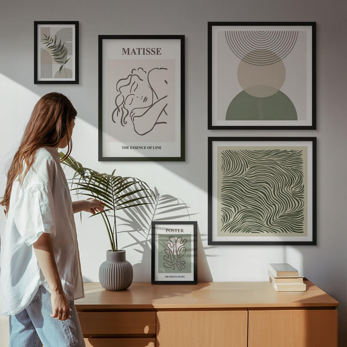 WANDBILDER 5er-Set - 50x50 cm & 20x30 cm & 40x60 cm Schwarzer Rahmen - Geometrische botanische Muster - Schwarz, Kunststoff (40/60cm) - ArtPrintCave