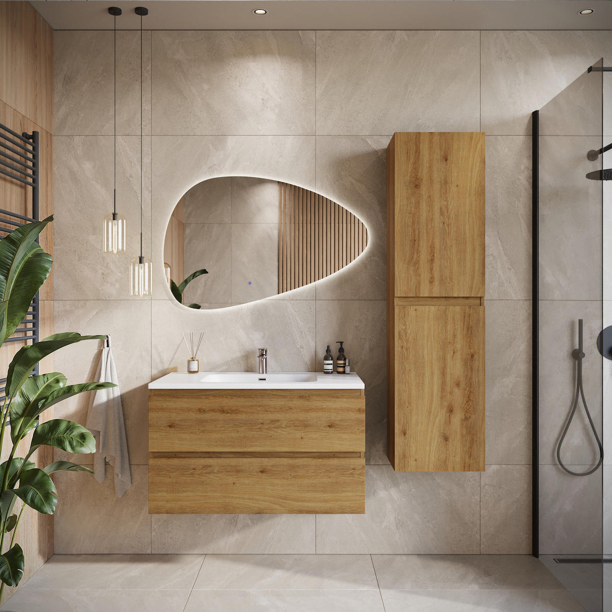 BADMÖBEL-SET Angela 2 Teile - Eiche - 80 x 48 x 52 cm - Eichefarben/Weiß, Holz (80/52/48cm) - Badplaats