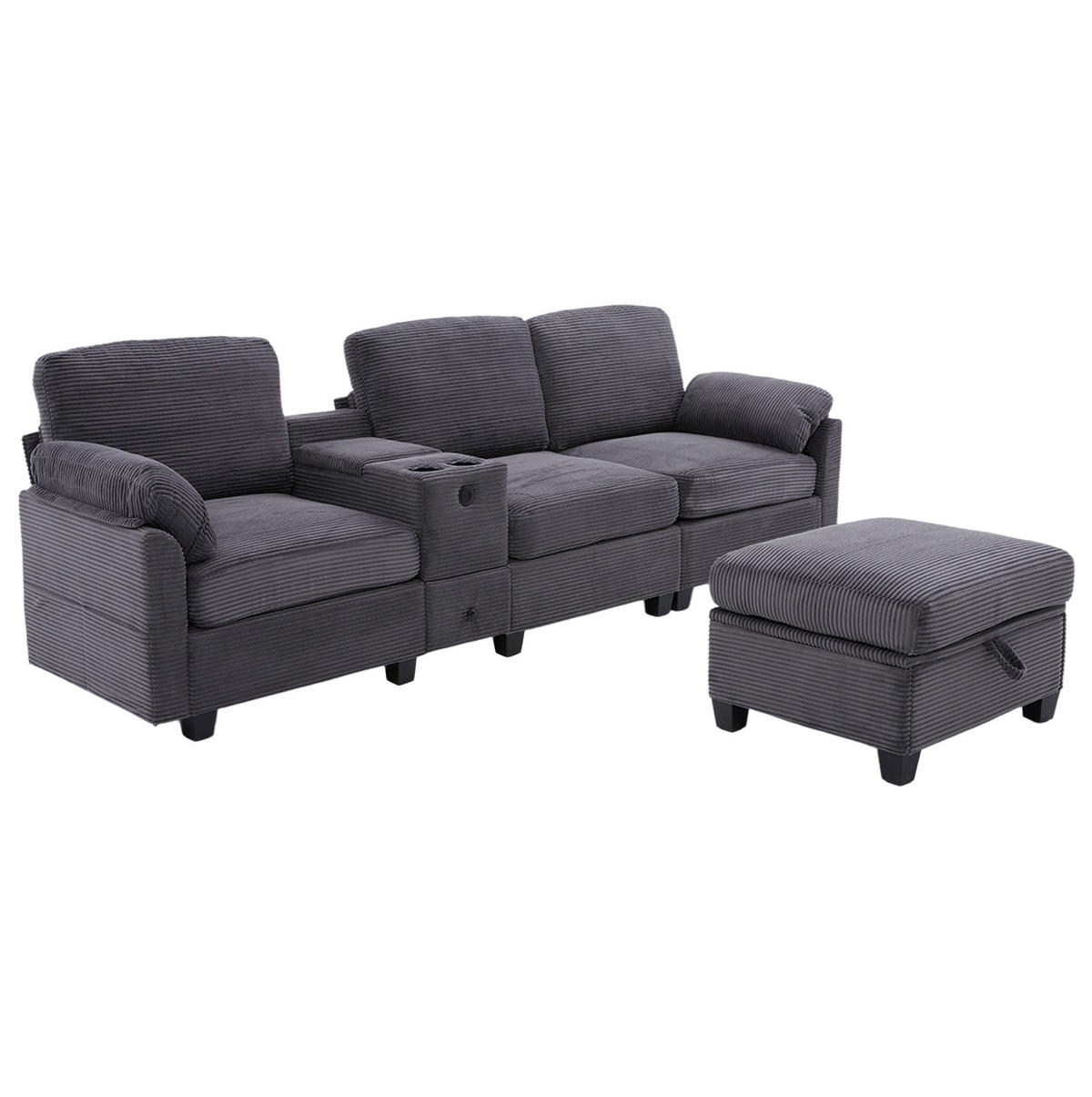 ECKSOFA aus Cord 266x136x82 cm Dunkelgrau mit USB-C-Anschluss, verschiebbarer Mittelkonsole und Stauraumhocker - Dunkelgrau, Textil (136/266cm) - Modfu