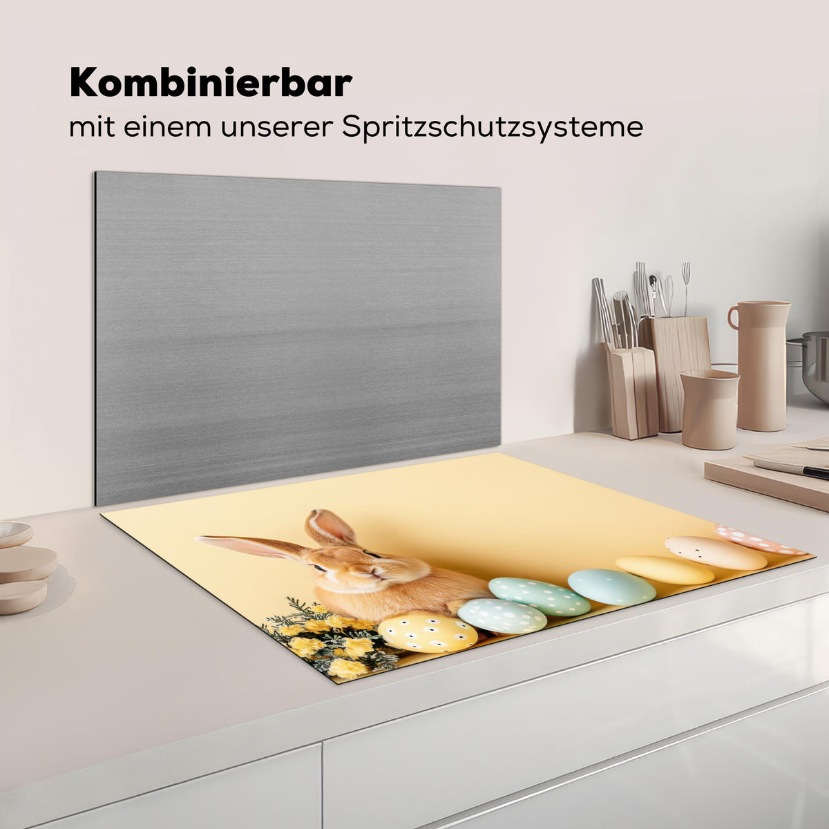 HERDABDECKPLATTE Eier - Kaninchen - Pastellfarbtöne Induktionsmatte 77x59 cm - Hellgelb, Kunststoff (77/59/0.2cm) - MuchoWow