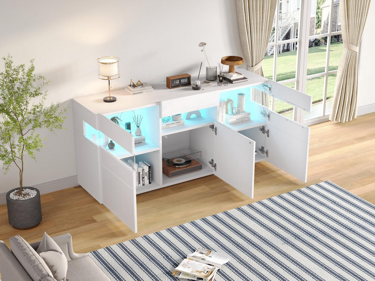 SIDEBOARD 140/40,5/66,5 cm mit 3 Türen, LED-Beleuchtung & Hochglanzfront - Weiß, Holzwerkstoff (140/66.5/40.5cm) - BEAOK