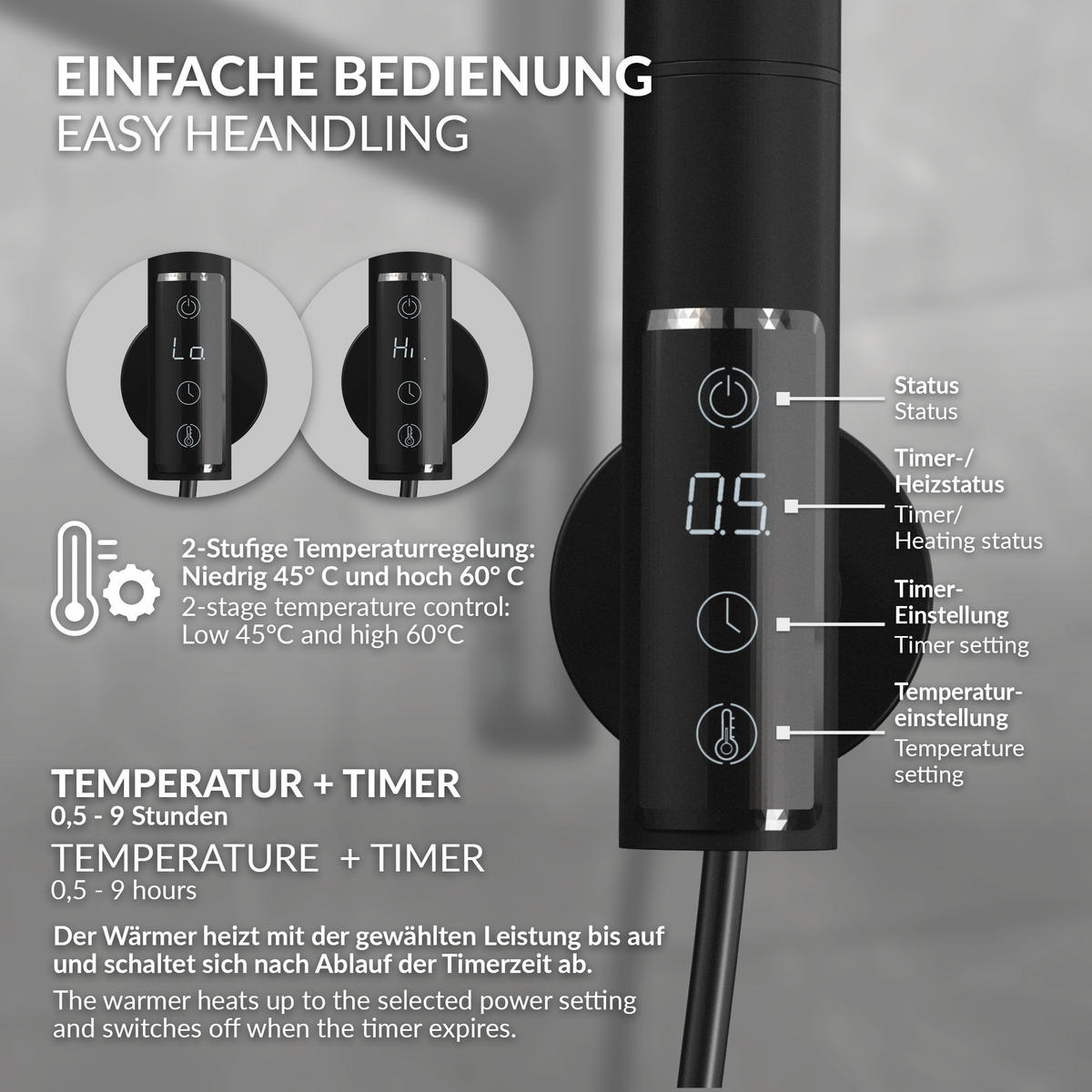 HANDTUCHWÄRMER Elektrisch Schwarz matt 75W 450x622 mm 180° drehbar - Schwarz, Metall (45/62.2/3cm) - LuxeBath