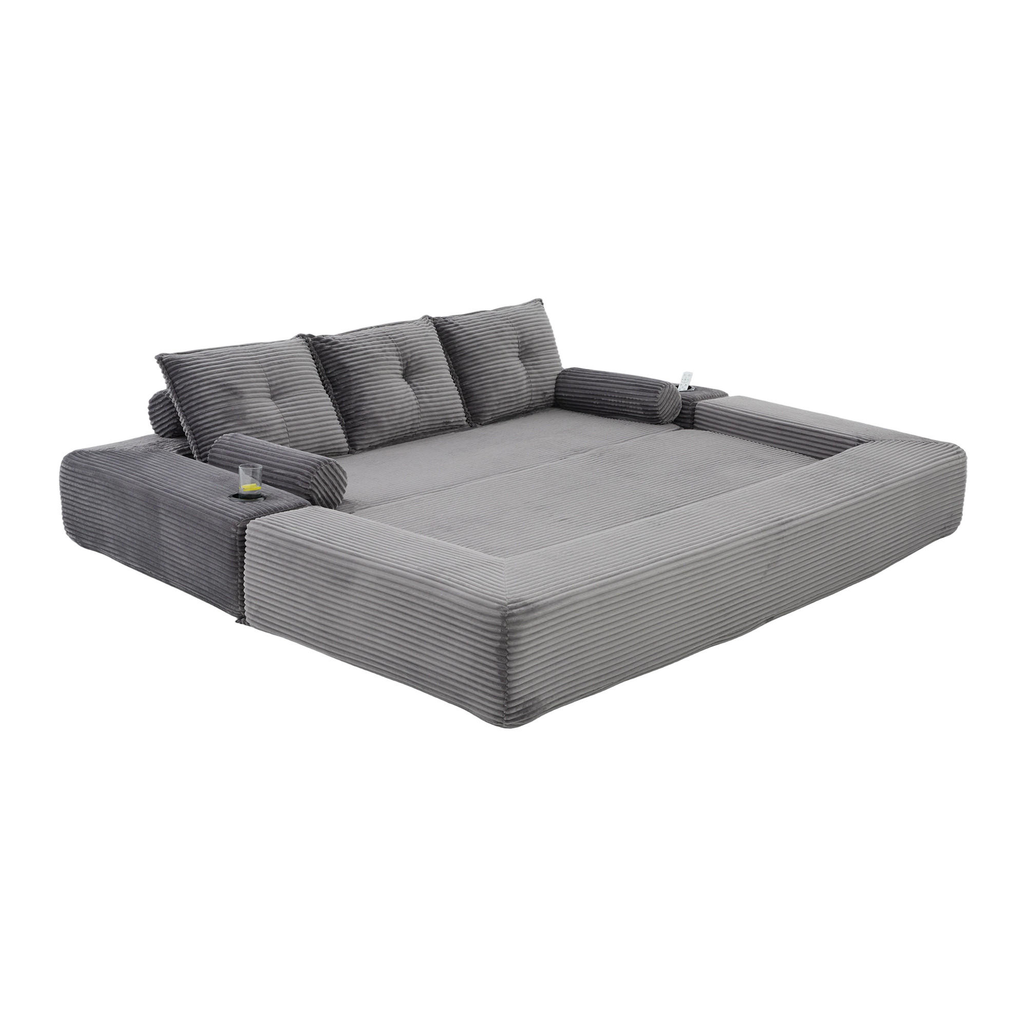 SCHLAFSOFA mit Schlaffunktion, Getränkehalter und Memory-Kissen aus Cord - Dunkelgrau, Textil (232/80/98cm) - EVRYAE
