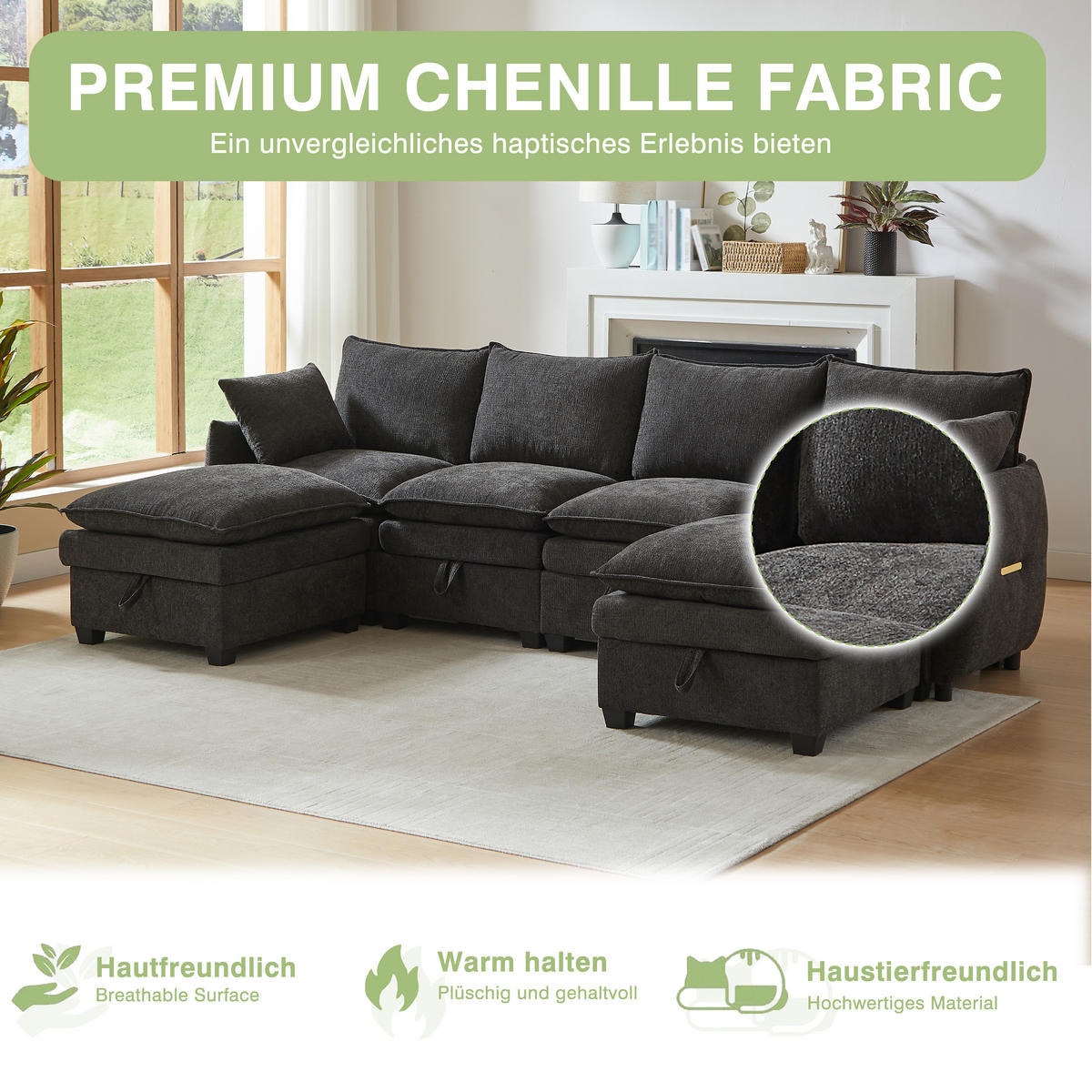WOHNLANDSCHAFT 281/147/89 cm Grau mit 2 Fußhocker - Grau, Textil (281/89/147cm) - Oxeza