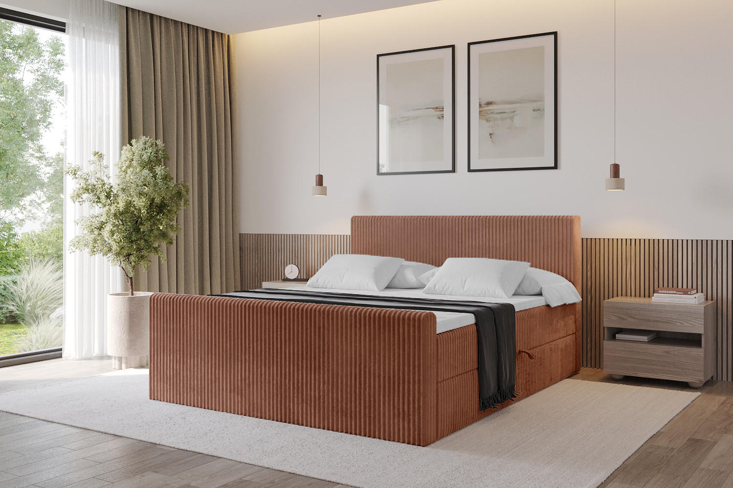 BOXBETT mit Matratze H4 und Lattenrost - TOLO-Z - 120x200 Cord - Ziegelrot - Rostfarben, Holzwerkstoff (120/200cm) - ALTDECOR