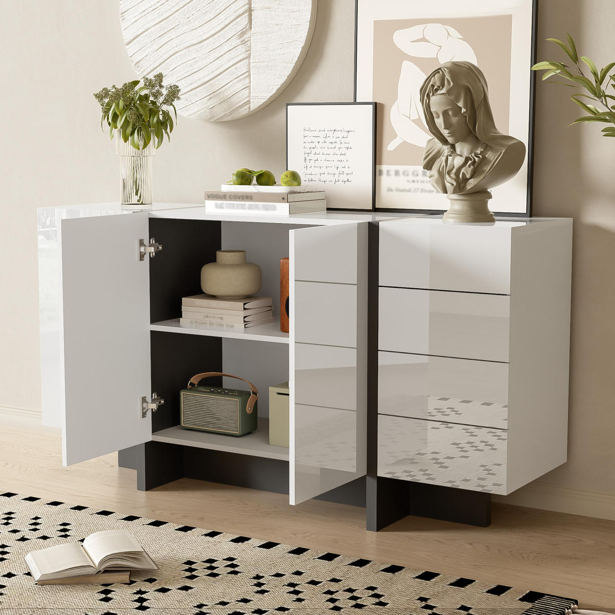 SIDEBOARD 150/40/80,5 cm in Weiß/Schwarz mit 2 Türen und 4 Schubladen - Weiß, Holzwerkstoff (150/80.5/40cm) - Flora Grace