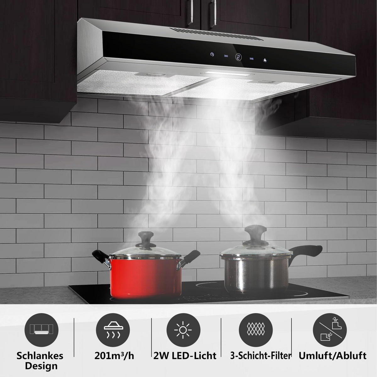 DUNSTABZUGSHAUBE Edelstahl mit Touch-Bedienung, Aktivkohlefilter, Filter - Schwarz, Metall (14.5/53/63.01cm) - Korfee