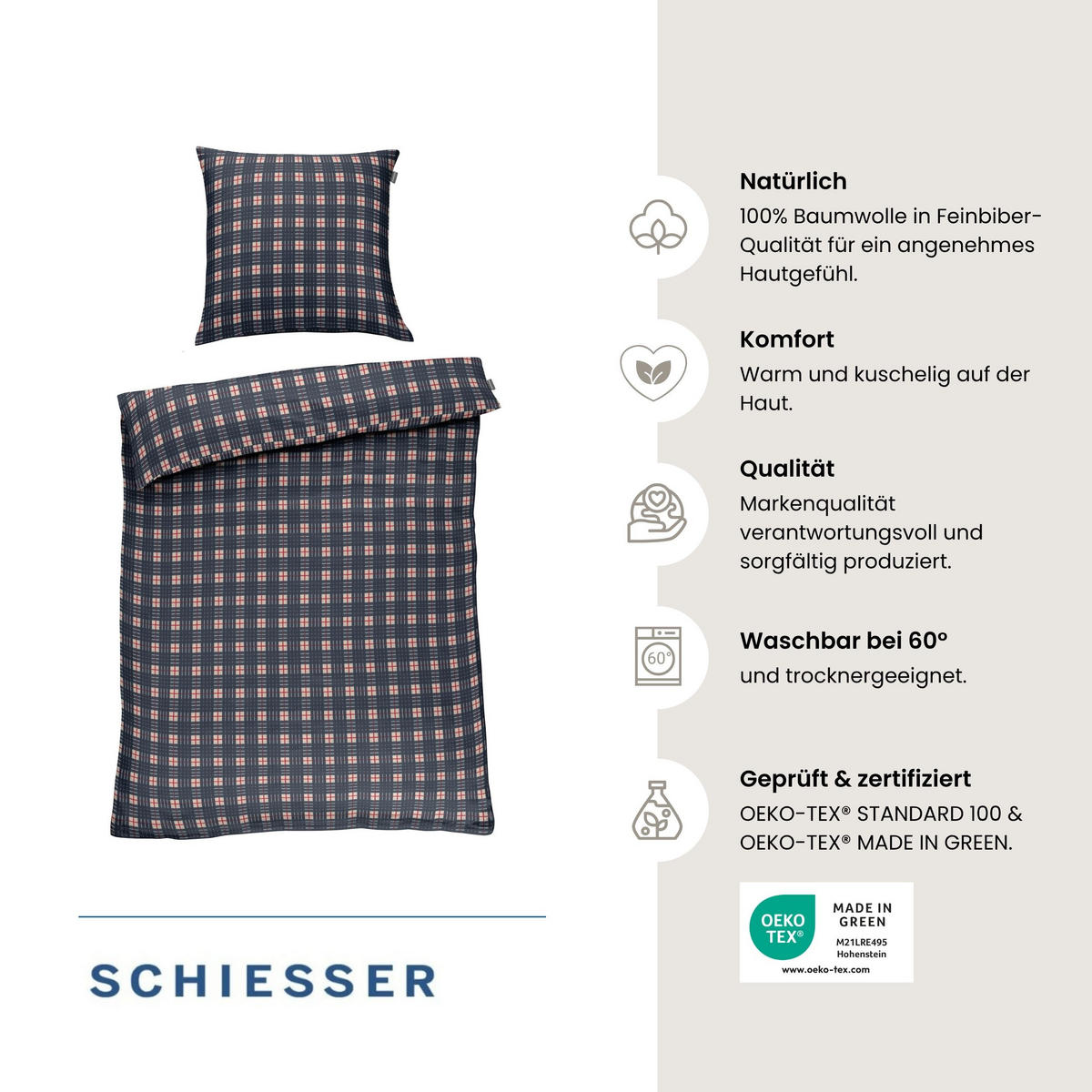 BETTWÄSCHESET Family Check - Feinbiber - 2-teilig - 135x200 cm - Blau - Blau, Textil (135/200cm) - SCHIESSER