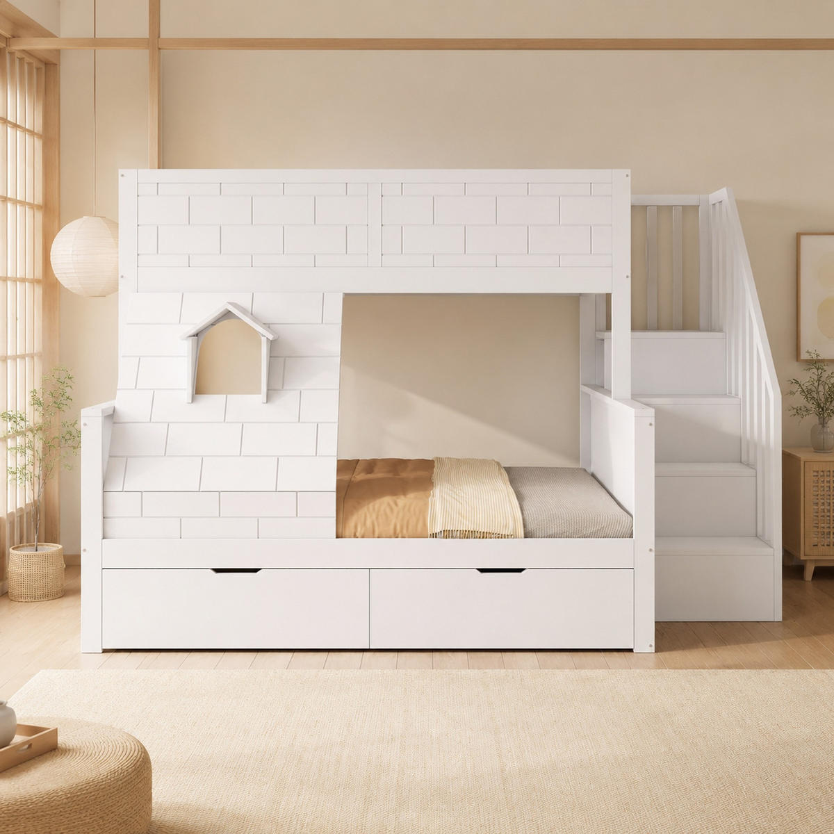 ETAGENBETT 90/200+140/200 mit Schubladen und Sicherheitstreppe - Weiß, Holzwerkstoff (140/200cm) - EVRYAE