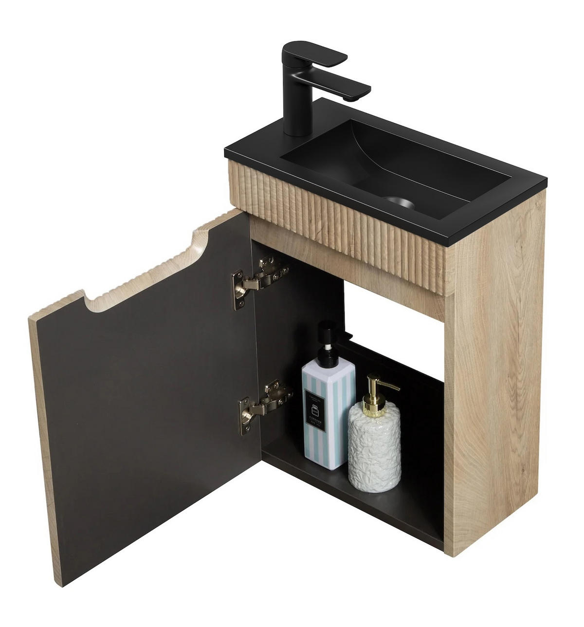 GÄSTE-WC-MÖBELSET Thermis 2 Teile Eiche Hell - Schwarze Waschbecken - 40 x 22 x 53 cm - Eichefarben, Holz (40/53/22cm) - Badplaats