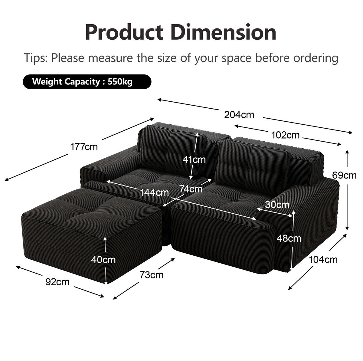 ECKSOFA 204/177/69 cm schwarz aus Cord mit Tiefsitz und boneless Design - Schwarz, Textil (177/204cm) - OKWISH