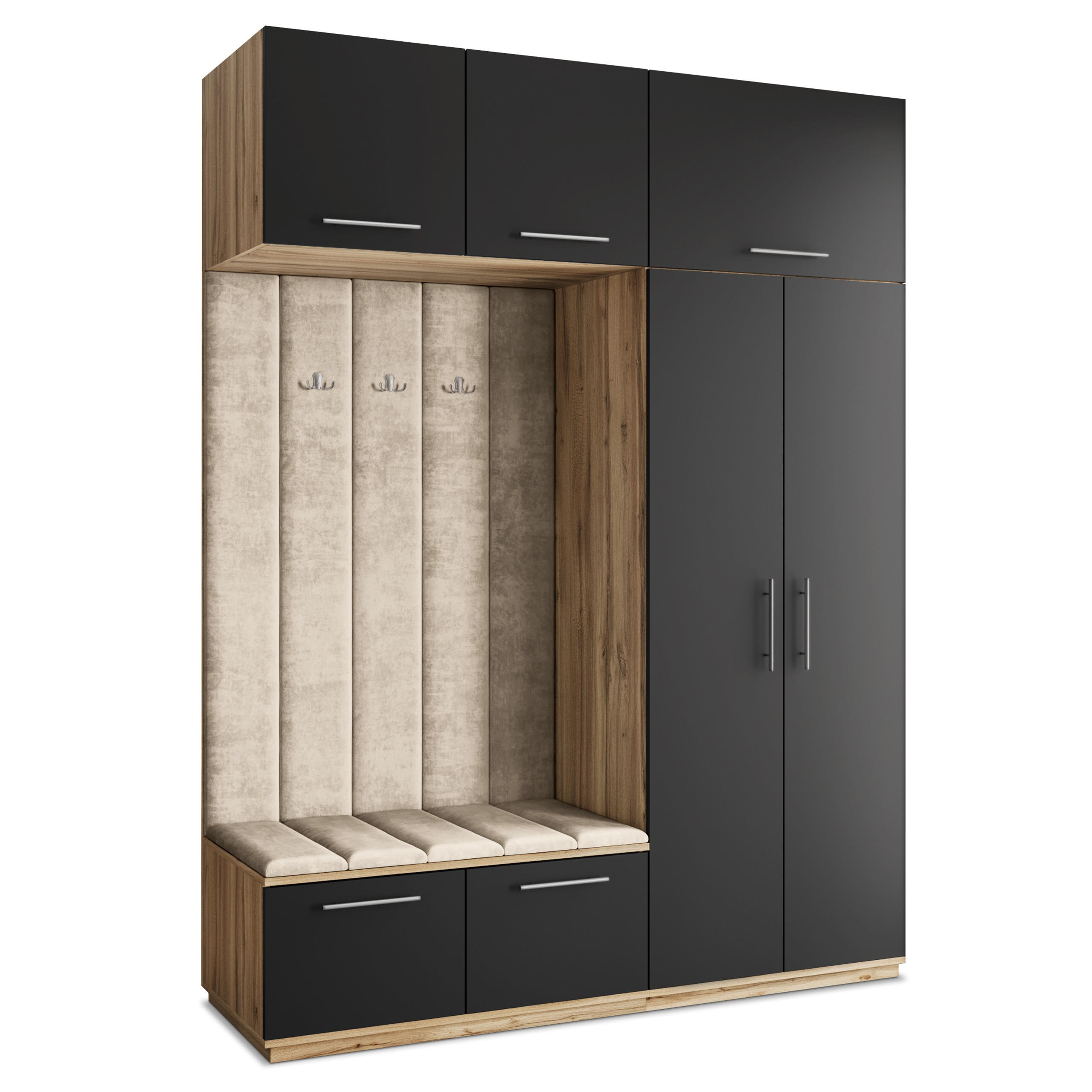 Masseno Garderobenschrank Eiche Wotan, Schwarz, Beige 180x240x60 cm