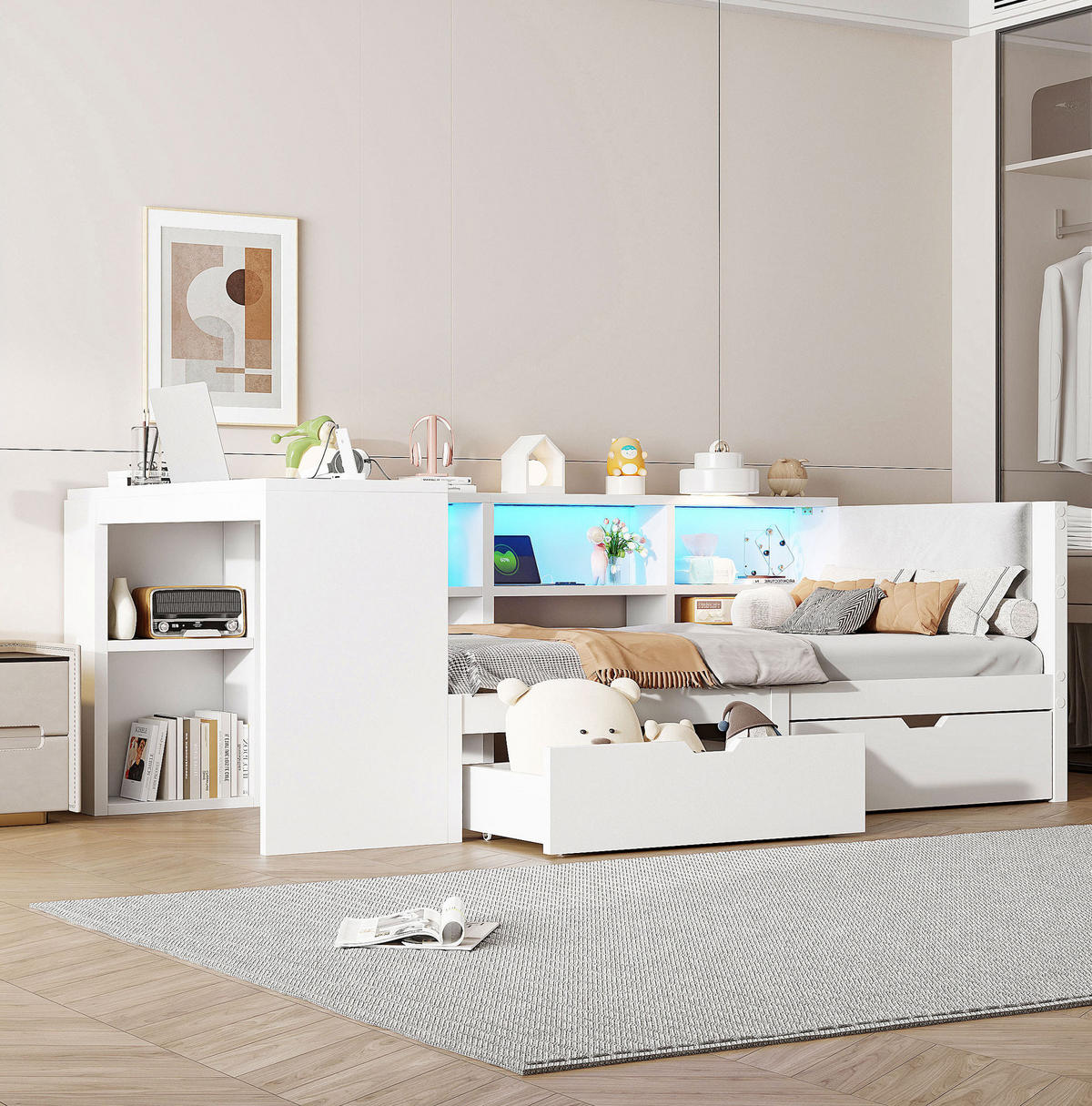 BETT 90/200 cm in Weiß mit Schubladen, LED-Beleuchtung und USB-Anschlüssen - Weiß, Holzwerkstoff (90/200cm) - Flora Grace