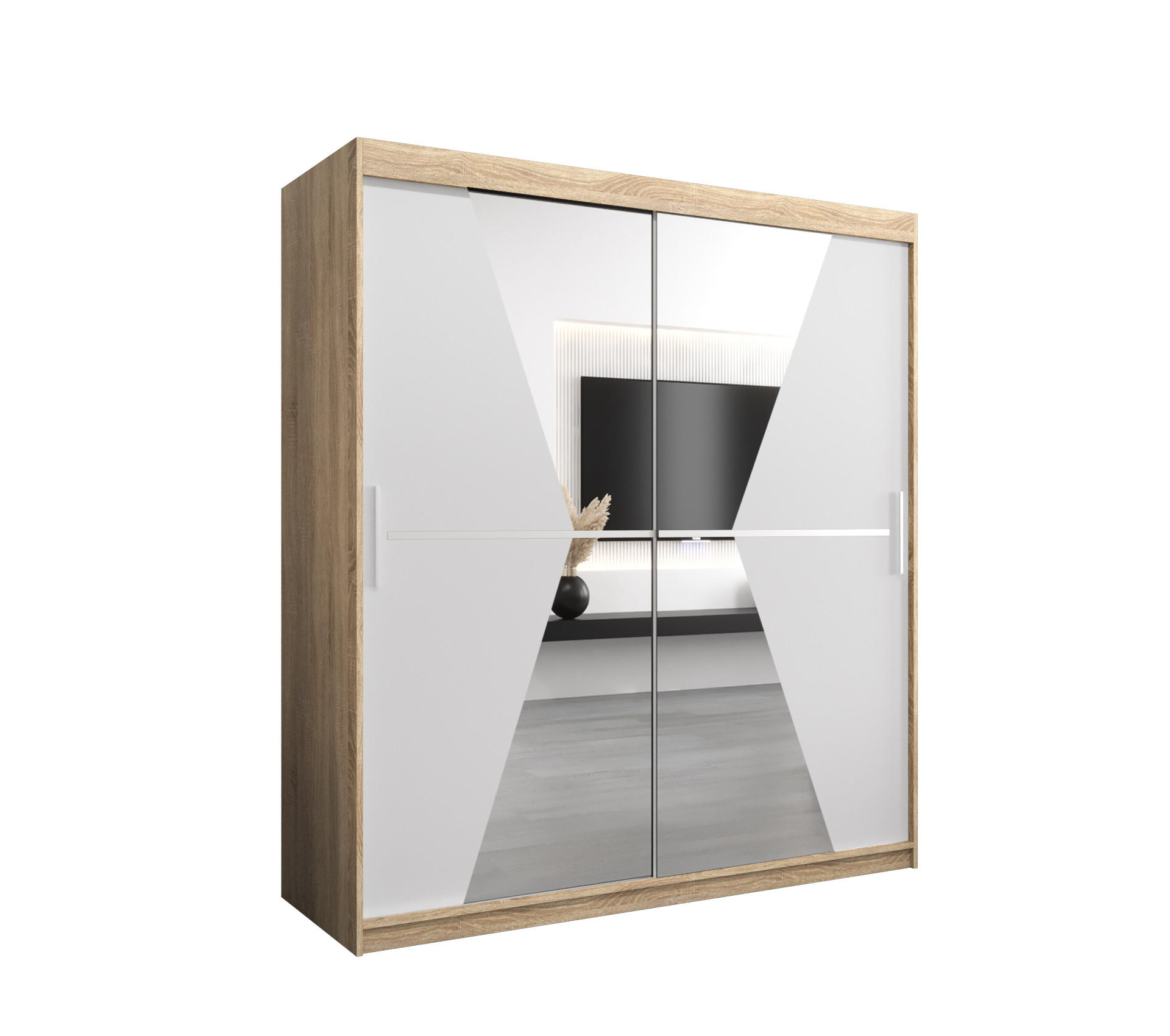 Abiks Möbel Schwebetürenschrank Sonoma Eiche, Weiß 180x200x62 cm