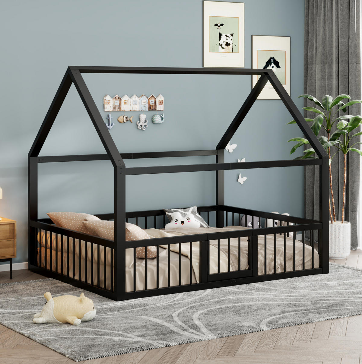 KINDERBETT 140/200 cm schwarz aus Metall mit Dach und Gitter - Schwarz, Metall (140/200cm) - OKWISH