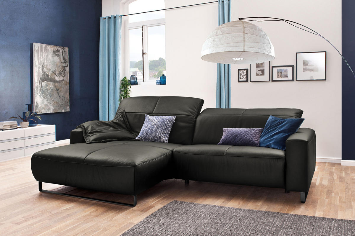 ECKSOFA MIT SITZTIEFENVERSTELLUNG YORK Granit Leder - Dunkelgrau/Schwarz, Leder (284/180cm) - KAWOLA