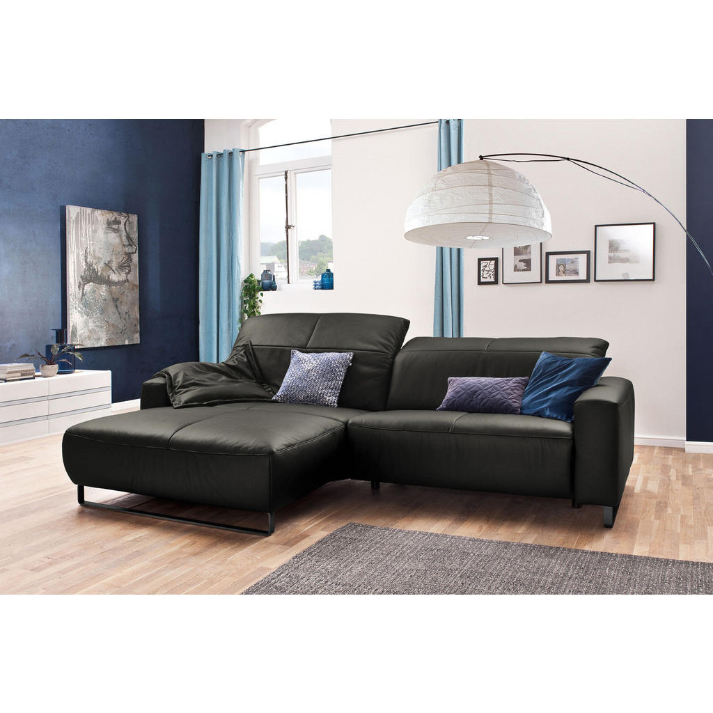 Thumbnail - Kawola Ecksofa, Dunkelgrau, Schwarz, Leder, Echtholz, 3-Sitzer, Füllung: Komfortschaum, Ottomane links, L-Form, 284x180 ...