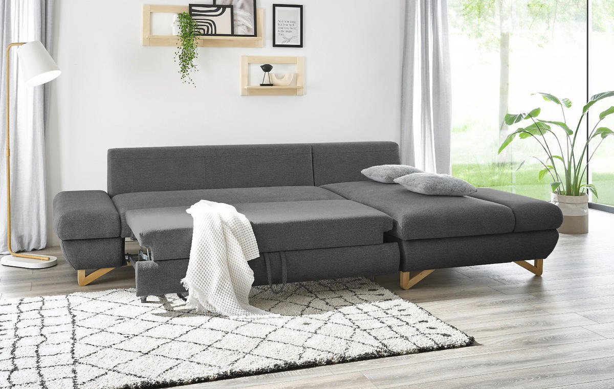 ECKSOFA grau Struktur-Stoff, Sofa mit Bettfunktion und Stauraum 284 cm - Grau, Holz/Textil (284/166cm) - Furn.Design