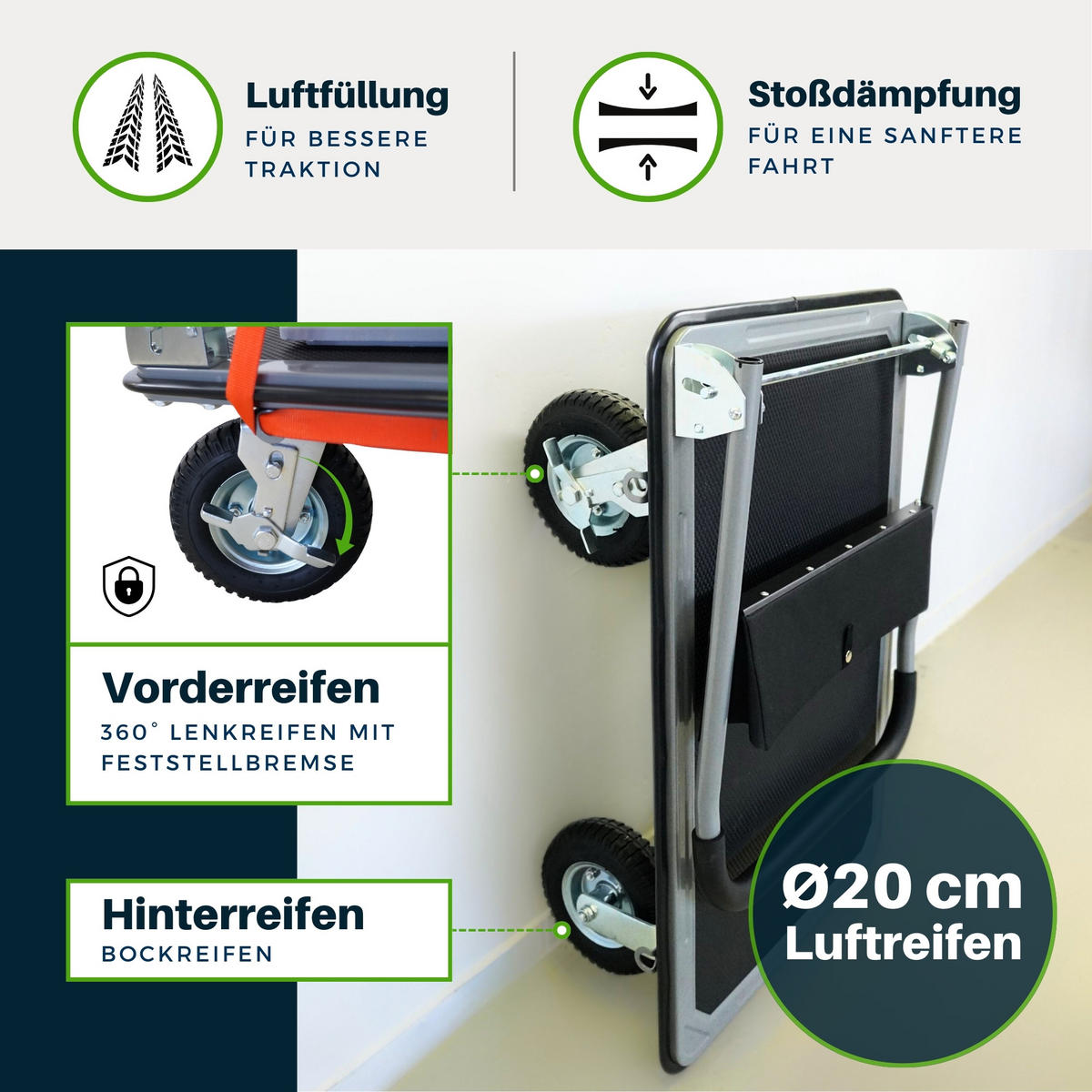 PLATTFORMWAGEN Transportwagen Rhino 300kg klappbar mit Luftreifen & Werkzeugtasche - Schwarz, Metall (90/60/94cm) - PROREGAL